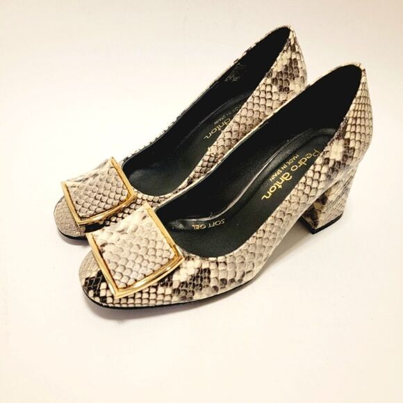 Pedro Anton Made in Spain Faux Snake Embossed Buckle Pumps Block Heel Shoes 36 - Picture 1 of 8
